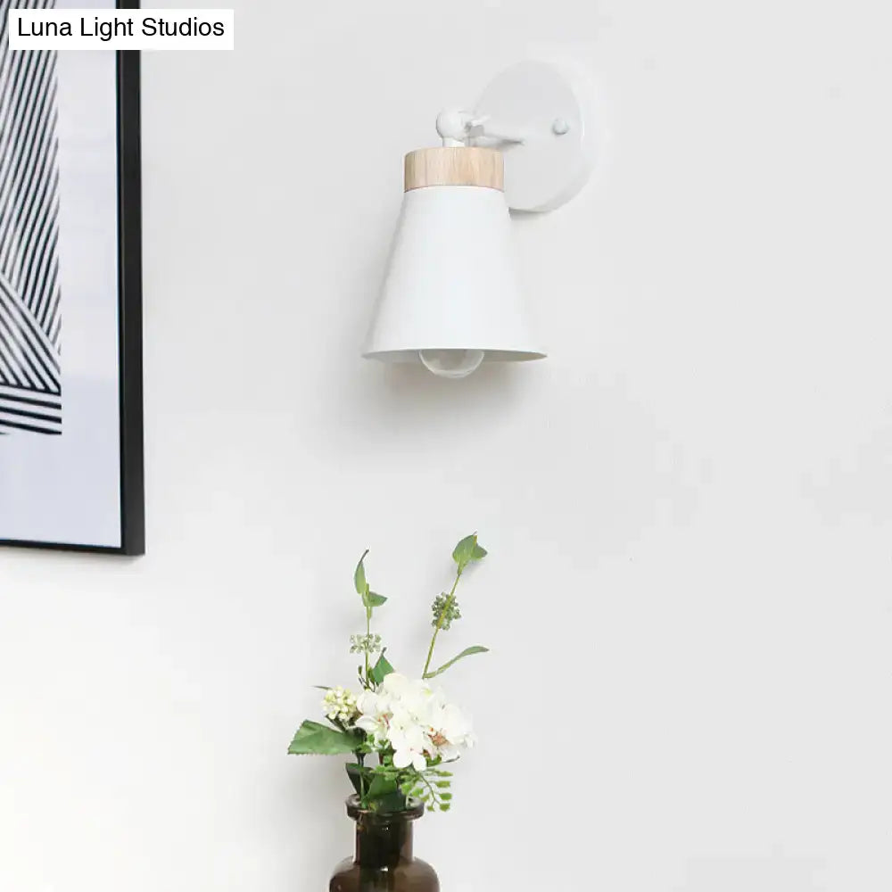 Modern white finish bedside sconce with wood accent collar and metal mounting plate compatible with e26 e27 bulbs