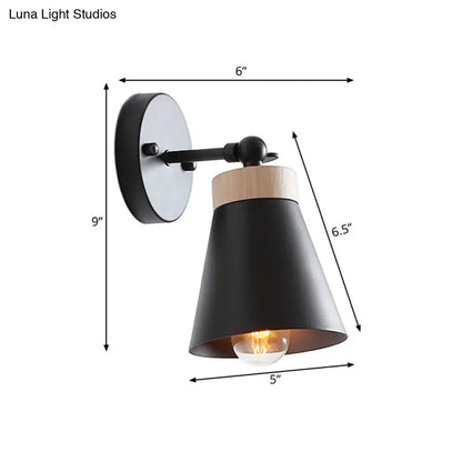 Modern bedside sconce with black metal and wood, matte white finish, conical shade, e26 e27 compatible lamp