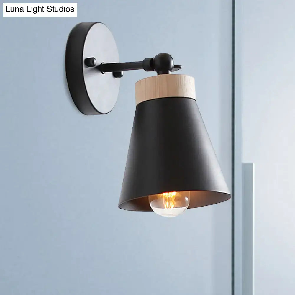 Black metal bedside sconce with white finish wooden accent collar conical shade and e26 e27 filament bulb