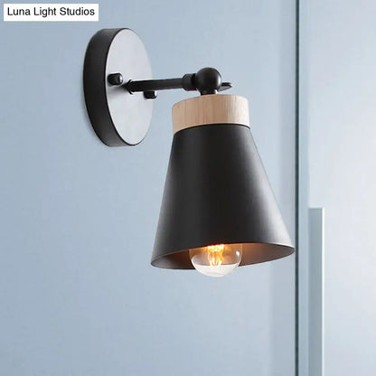 Black metal bedside sconce with white finish wooden accent collar conical shade and e26 e27 filament bulb