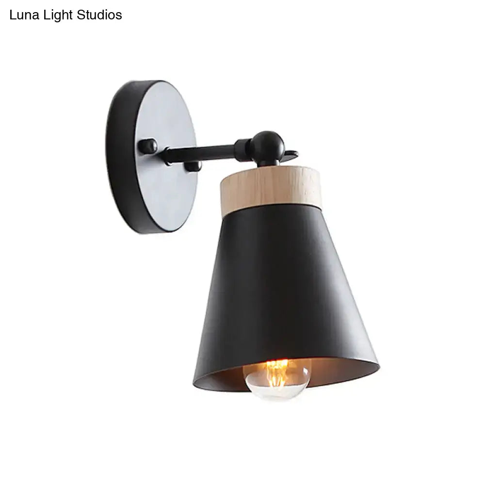Black metal bedside sconce with white finish, wooden accent collar, conical shade, compatible with E26 E27 bulbs