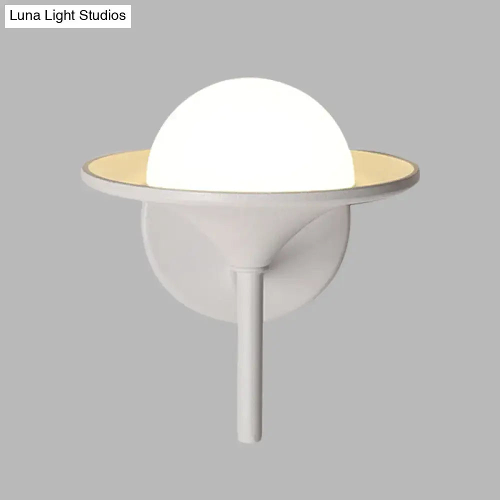 Modern white flared sconce light featuring a white spherical globe lamp with gold rim on a sleek wall fixture 110v-120v