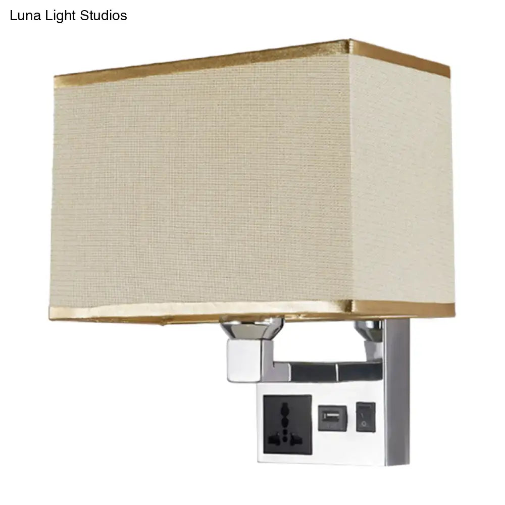 Beige rectangular wall lamp with gold trim and chrome wall light featuring usb charging port and power outlets