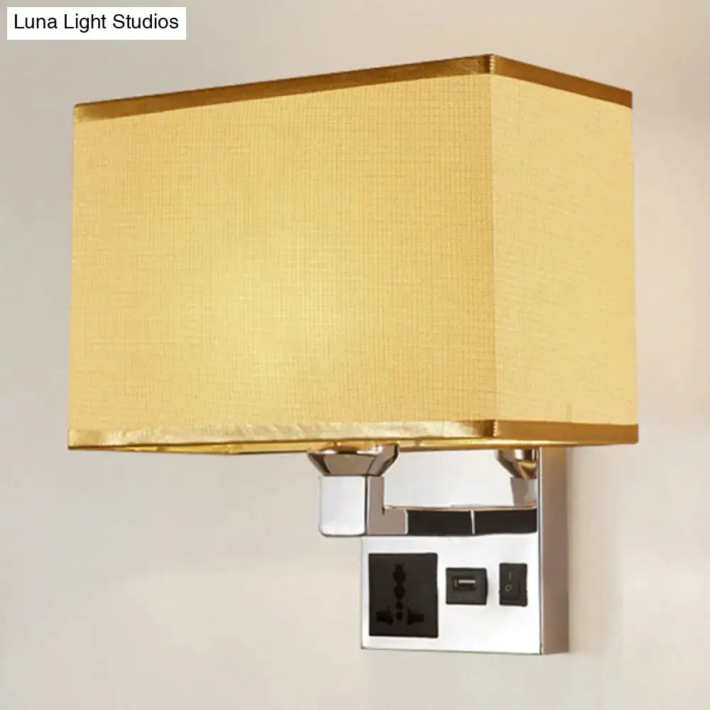 Modern white and flaxen wall light with gold-embellished fabric shade and usb charging port bedroom wall lamp