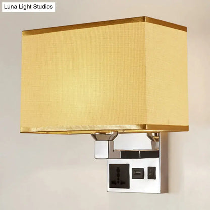 Modern white and flaxen wall light with gold-embellished fabric shade and usb charging port bedroom wall lamp