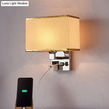 Modern beige fabric wall light with gold trim on chrome base featuring built-in usb charging port bedroom sconce