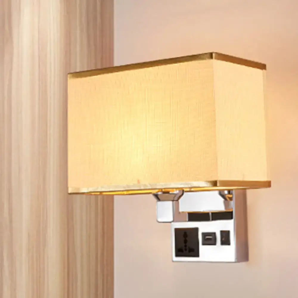 Modern white and flaxen wall light with beige fabric shade gold trim usb charging port and built-in power outlets mounted on chrome fixture
