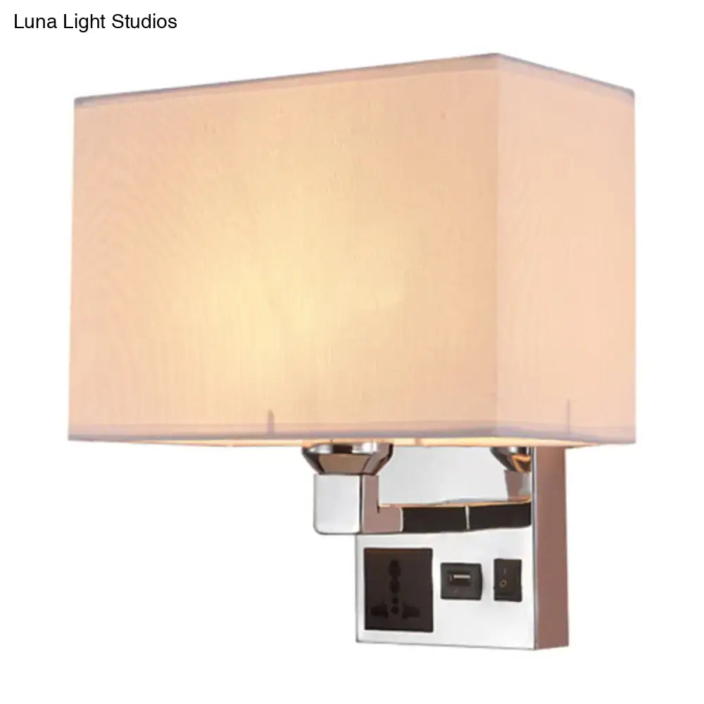 Rectangular beige fabric lampshade wall light with chrome fixture and usb charging port for modern bedroom use
