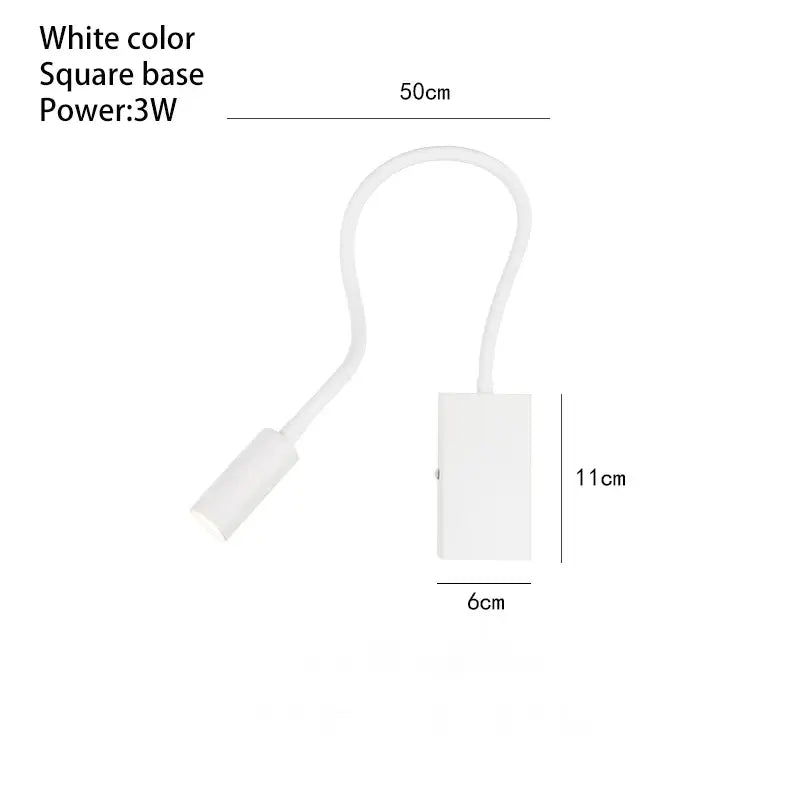 Modern white flexible led wall spot light with gooseneck design and square base for bedroom reading use