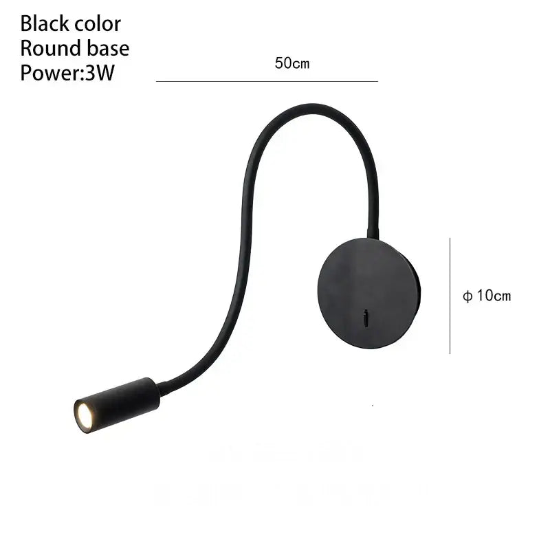Black gooseneck reading lamp with round base and flexible arm designed as a modern wall spot light for bedrooms