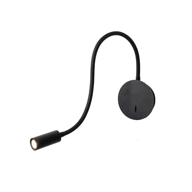 Black adjustable wall spot light with flexible gooseneck and circular base for modern bedroom reading lamp use