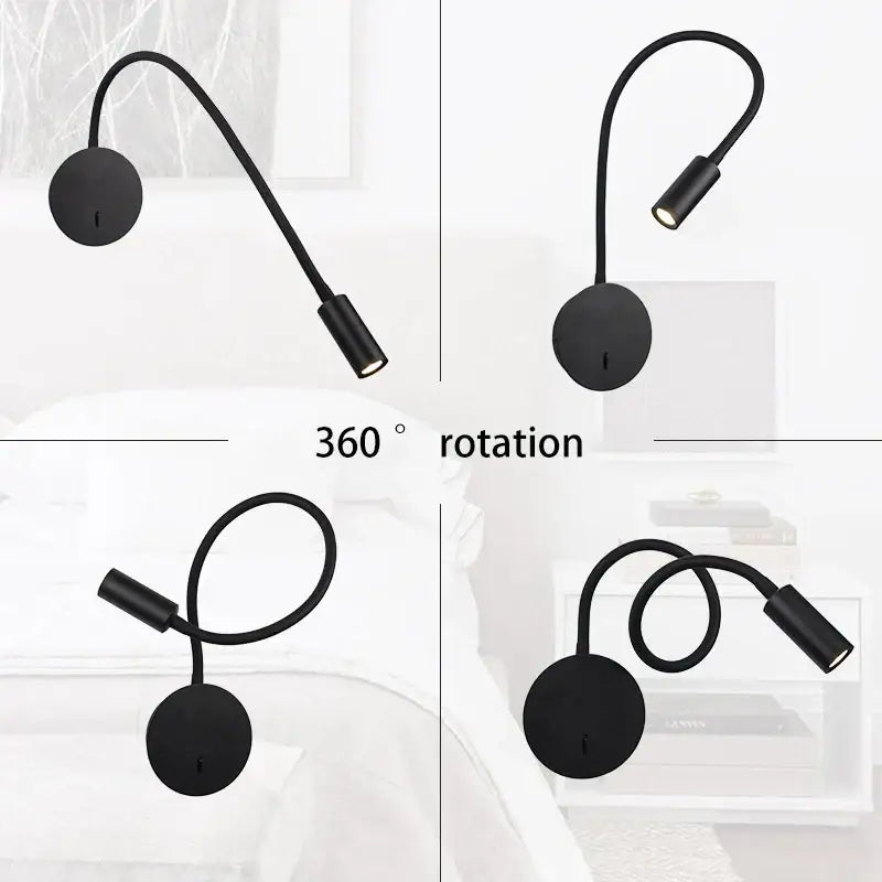 Black adjustable wall spot light with flexible gooseneck and circular base for modern bedroom reading lamp