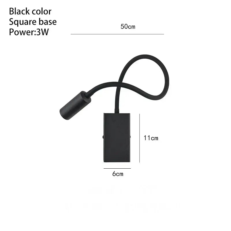 Black square base led desk lamp with flexible gooseneck and cylindrical head modern wall spot light for reading