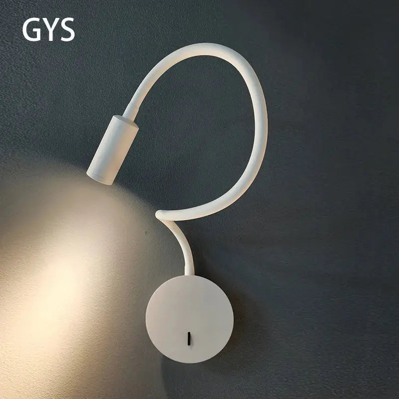 Modern white gys brand adjustable wall spot light with flexible curved arm and circular base for bedroom reading