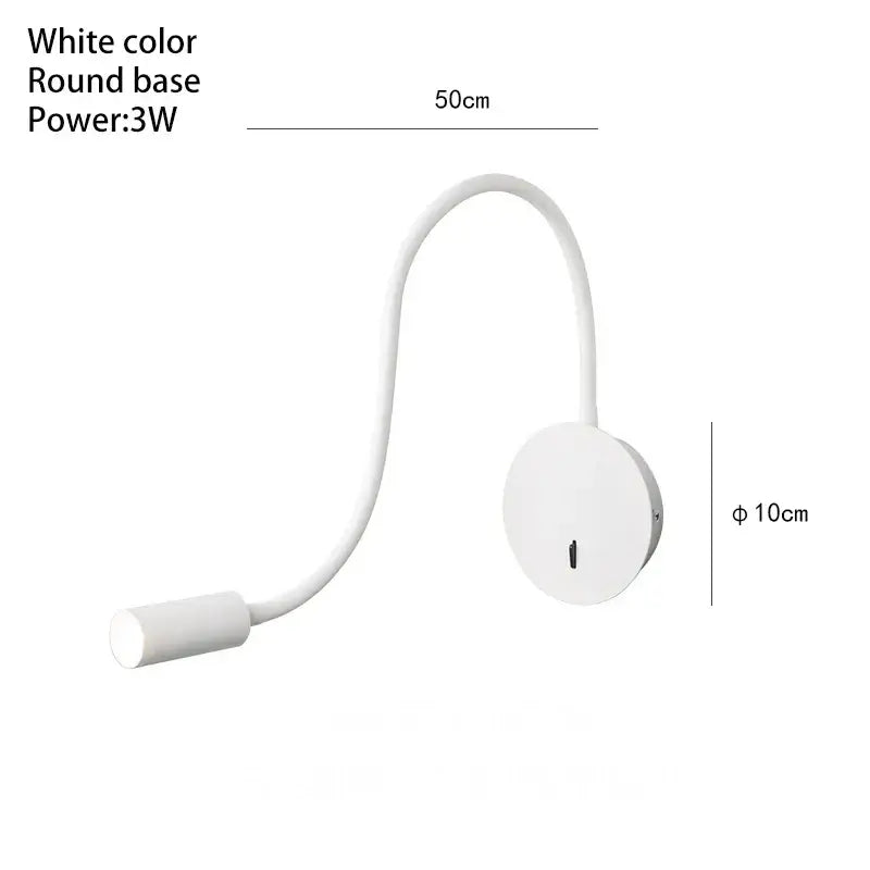 Modern white flexible led wall spot light with round base and gooseneck arm for bedroom reading and focused lighting