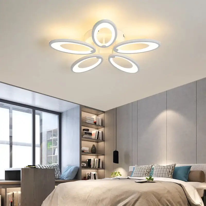 Modern white flower acrylic led ceiling chandelier with five circular rings for living room lighting