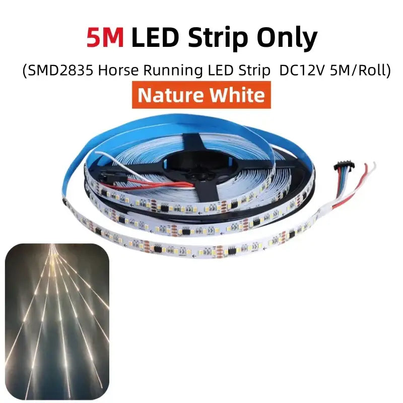 A 5-meter nature white smd2835 led strip light with blue protective backing and exposed wiring for living room decor