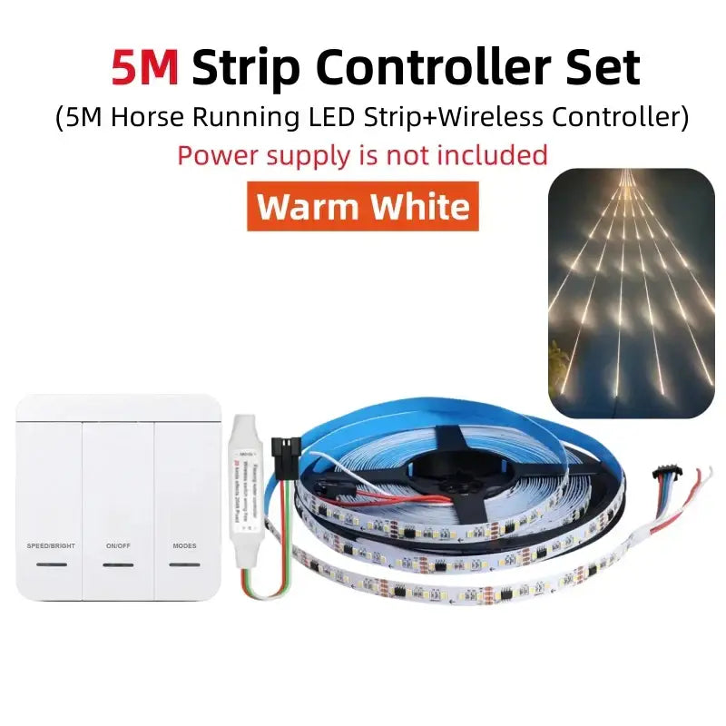 5-meter warm white led strip light with wireless controller and three-button remote for modern living room decor