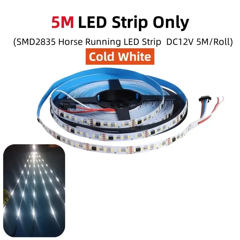 A 5-meter roll of cold white smd2835 led strip light with flexible adhesive backing for modern living room decor