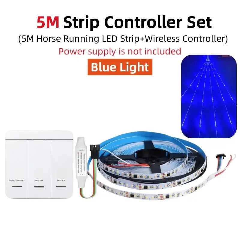 Modern white flowing led strip light with 5-meter blue illuminated flexible led strip and wireless remote control for wall decor