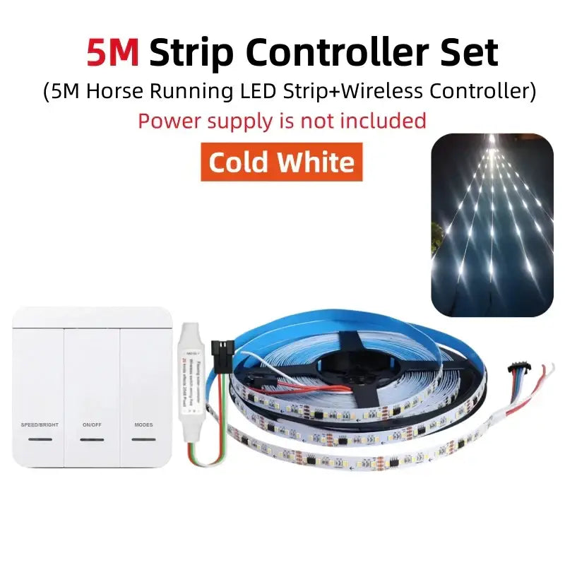 Modern white flowing led strip light 5-meter cold white led strip with wireless controller and three-button remote for wall decor