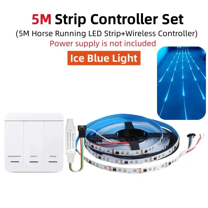 Modern white flowing led strip light with 5-meter ice blue led strip light and wireless controller for living room wall decor