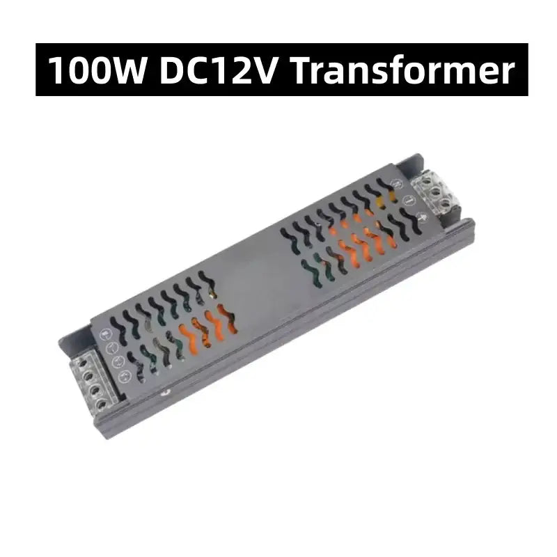 Gray rectangular 100w dc12v transformer with black and orange vents for modern white flowing led strip light wall decor