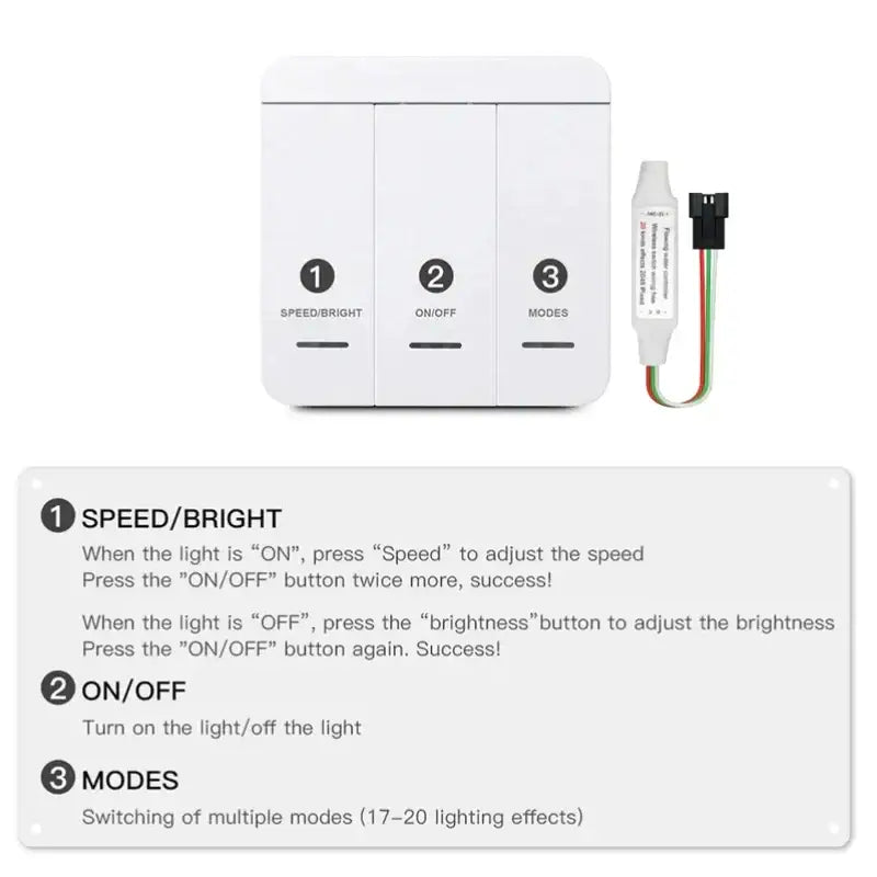 White three-button led light control panel for modern white flowing led strip light with speed brightness and mode functions