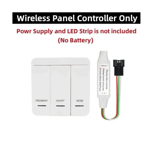 White wireless panel controller with speed bright on off mode buttons and matching control module for led strip light