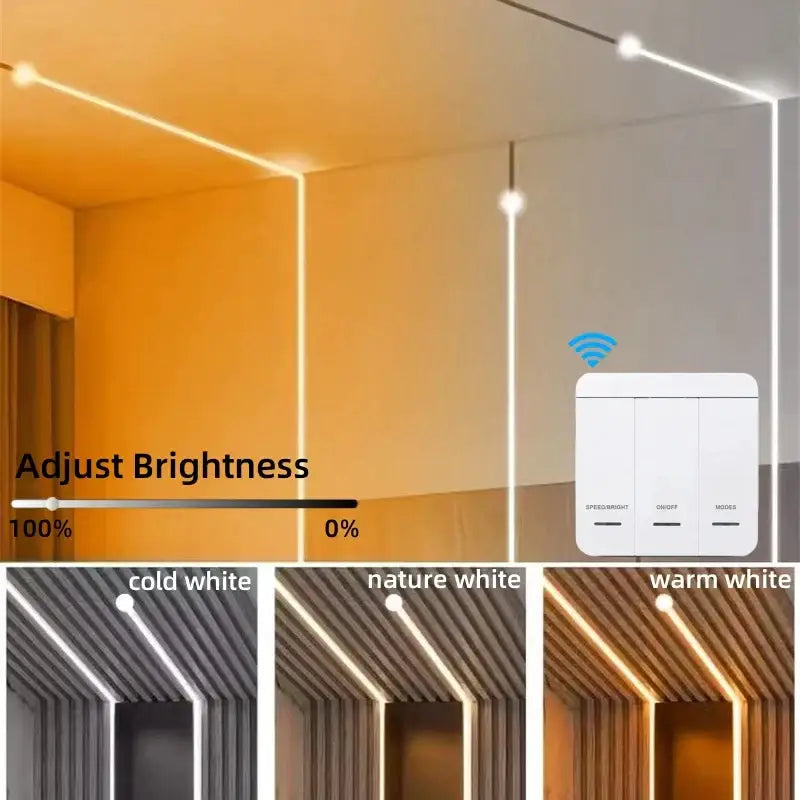 White wireless smart light switch with speed bright dim off and modes for modern white flowing led strip light decor