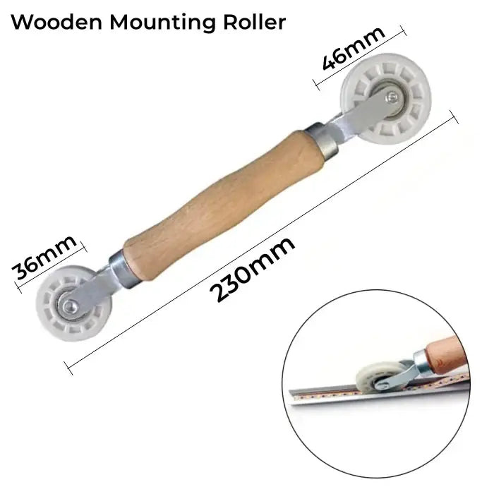 Wooden-handled mounting roller with white plastic wheels and metal axles for installation of modern white flowing led strip light