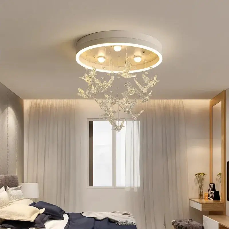 Modern white flying bird ceiling light with crystal bird ornaments for kids bedroom by decorbites flying bird ceiling