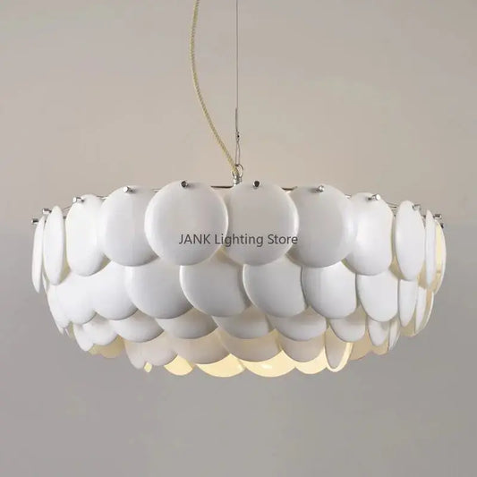 Modern white french ceramic chandelier pendant light with a layered circular disc design by decorbites french ceramic