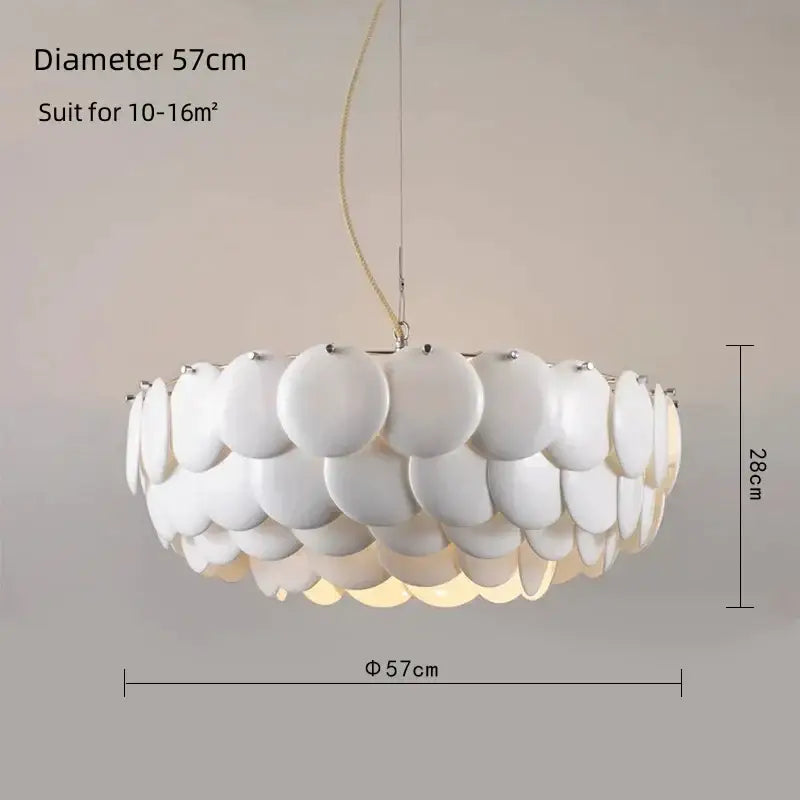 Modern white french ceramic chandelier with circular disc design and metallic chain for living room decorbites french ceramic