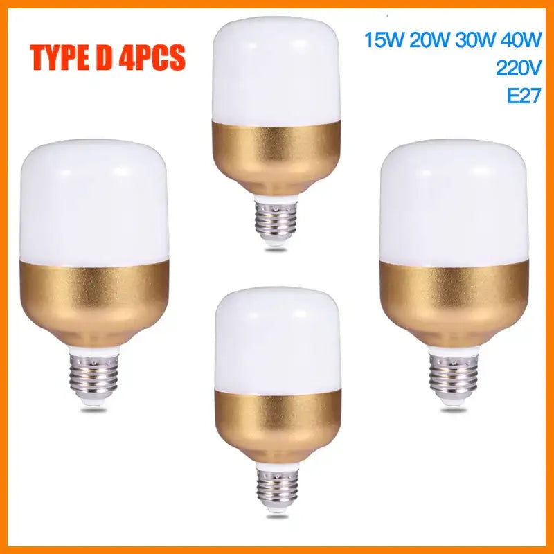 Set of four decorbites led ceiling type d e27 bulbs with white frosted glass dome and gold-colored metallic band
