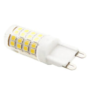 Modern white g9 led corn bulb chandelier lamp with multiple yellowish leds in rows along translucent body for living room