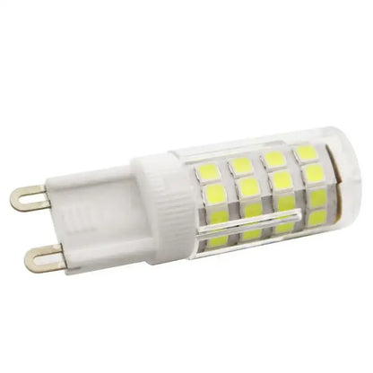 Modern white g9 led corn bulb chandelier lamp with clear cylindrical body housing multiple yellowish square leds