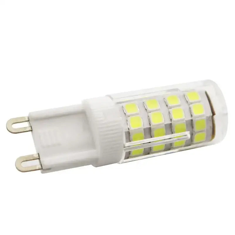 Modern white g9 led corn bulb chandelier lamp with clear cylindrical body housing multiple yellowish square leds