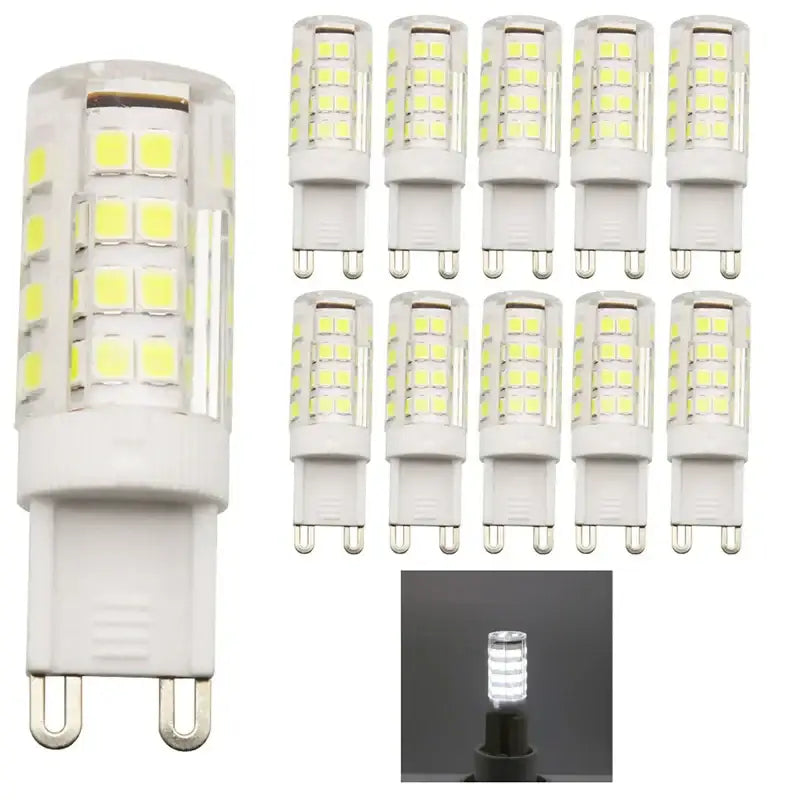 Modern white g9 led corn bulb chandelier lamp featuring clear glass and yellowish leds in a cylindrical pattern
