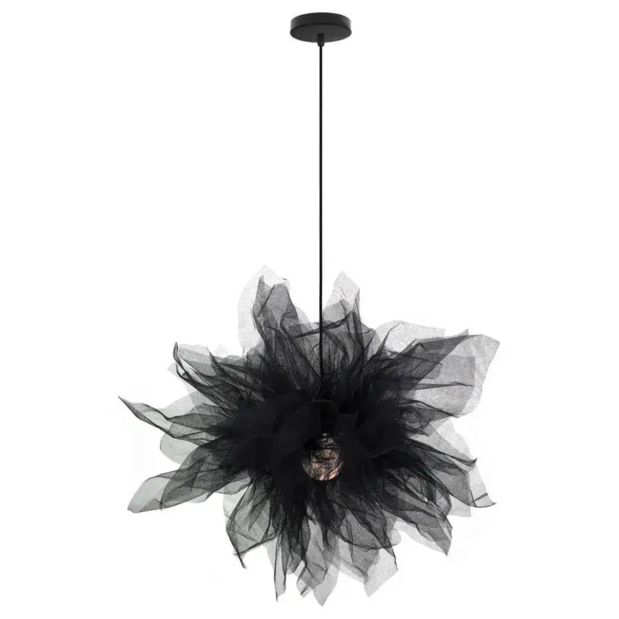 Black tulle modern pendant light with central bulb and slender cord for bedroom decorbites gauze flower chandelier