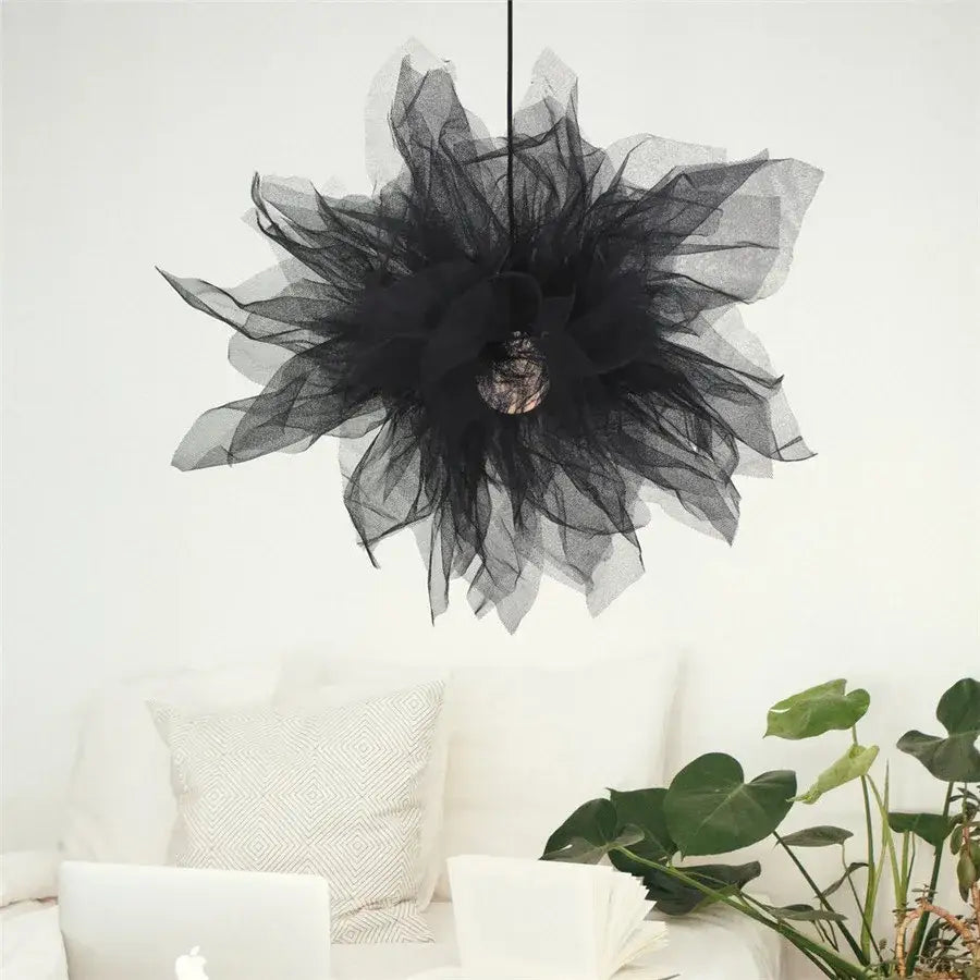 Modern white gauze flower pendant light with black tulle decorbites gauze flower and metallic bulb center for bedroom decor