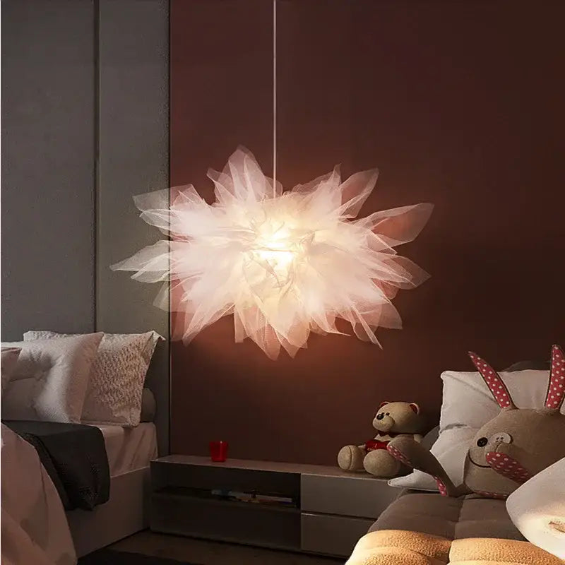 A modern white gauze flower pendant light chandelier with delicate tulle and soft floral design for bedroom decorbites gauze