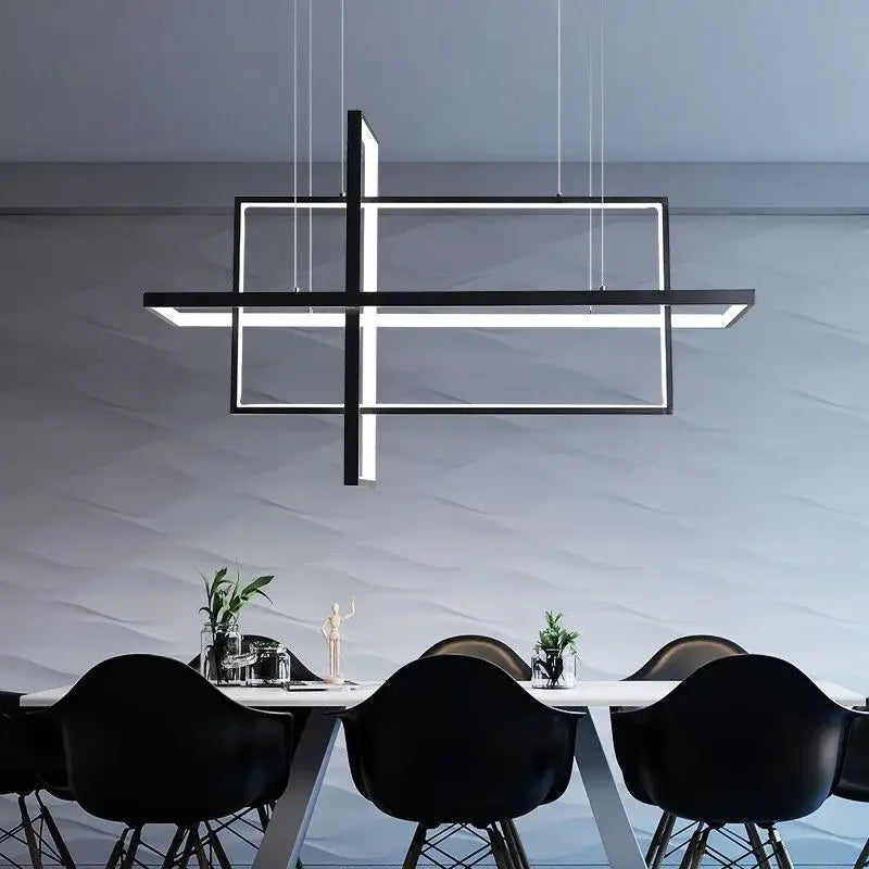 Modern white geometric aluminum pendant light with black frame and illuminated rectangular panels for living room decorbites geometric aluminum pendant