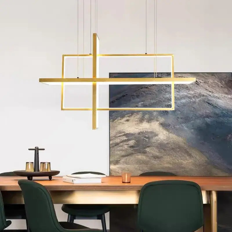 Modern white geometric aluminum pendant light with gold-toned intersecting frames and integrated led lighting for living room decorbites geometric aluminum pendant