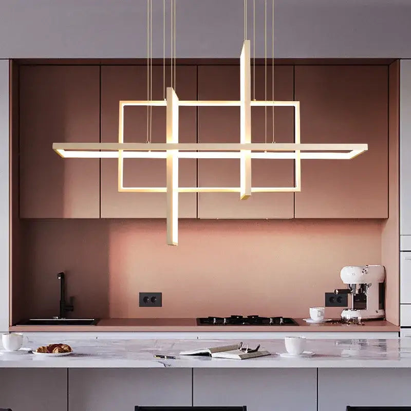 Modern white geometric aluminum pendant light with sleek intersecting frames and warm white led lighting for living room decorbites geometric aluminum pendant