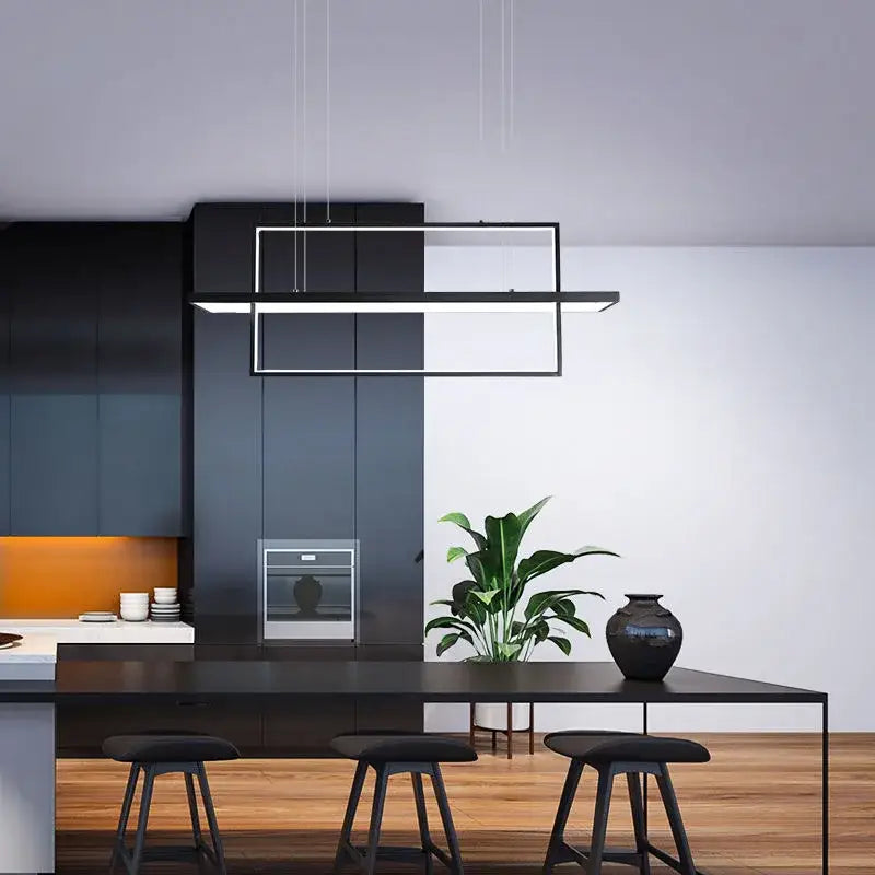 Modern black rectangular pendant lights with sleek linear design made of decorbites geometric aluminum for dining room decor