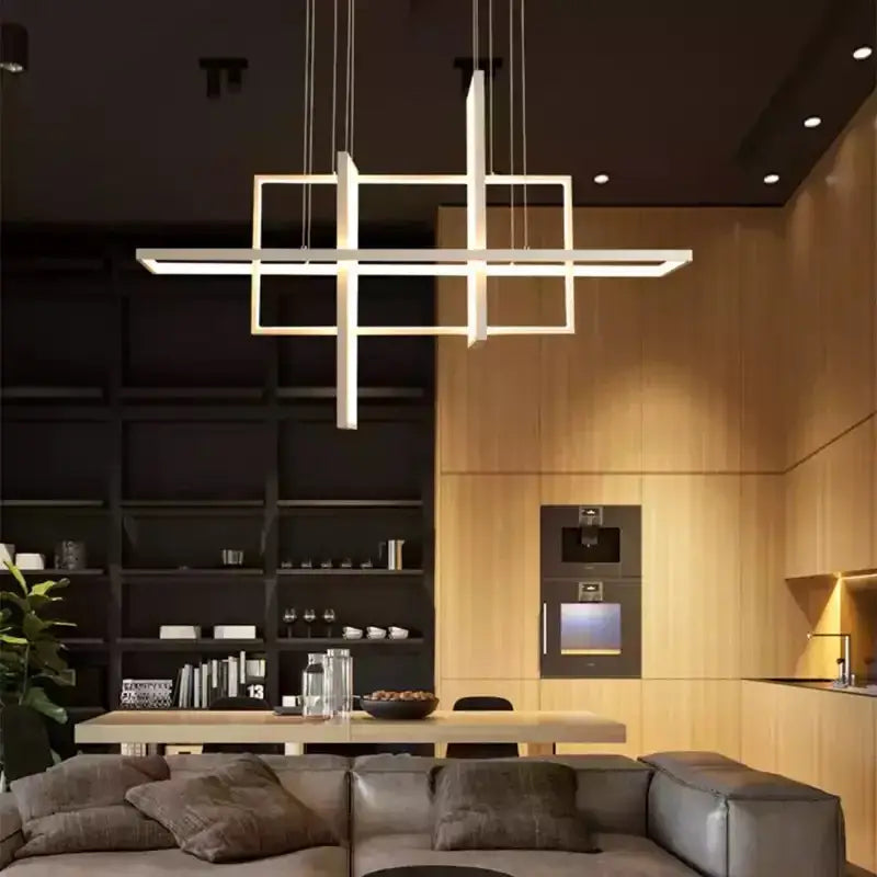 Modern white geometric aluminum pendant lights with intersecting rectangular frames for dining room decorbites pendant lights