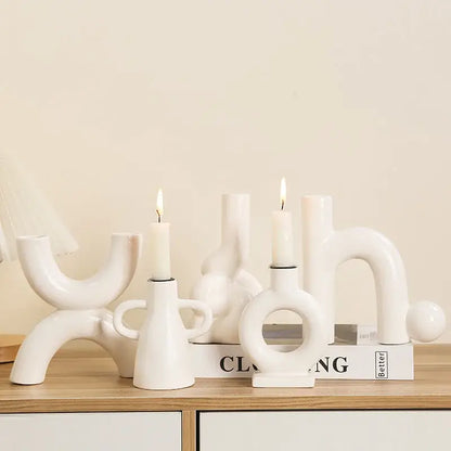 Modern white geometric ceramic candle holders with smooth abstract designs for living room decorbites geometric ceramic decor