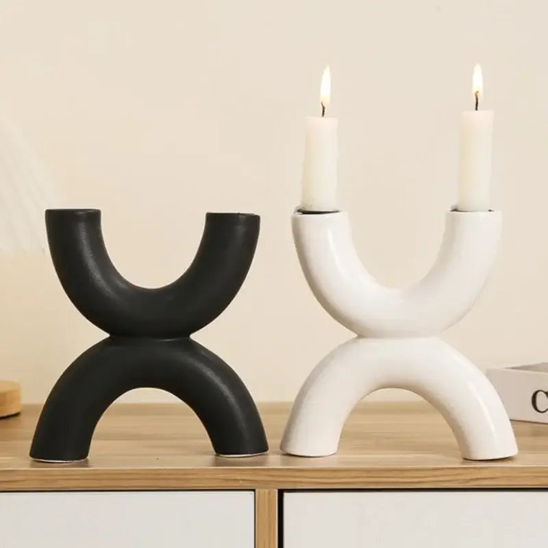 Modern white geometric ceramic candle holders in black and white with abstract u-shaped design for living room decorbites geometric ceramic candle