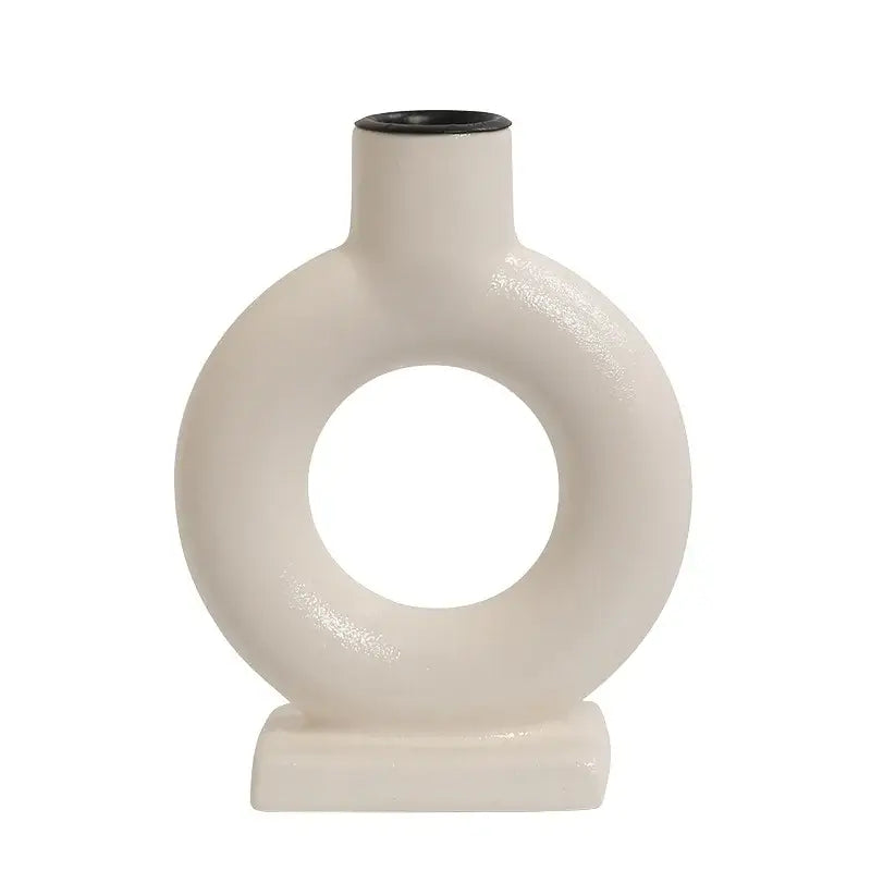 Modern white geometric ceramic candle holder in cream with minimalist ring design and black rim for living room decorbites decor